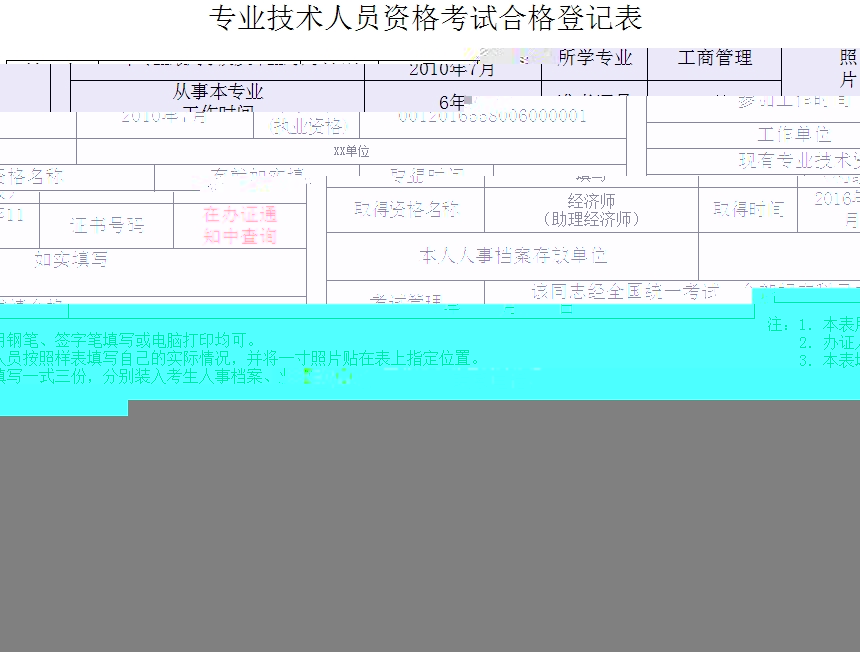 專業(yè)技術人員資格考試合格登記表