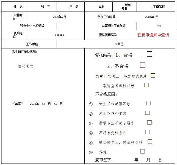 重慶市經(jīng)濟(jì)中、初級考試報(bào)名條件復(fù)審表