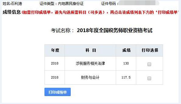 2018年稅務師考試成績單