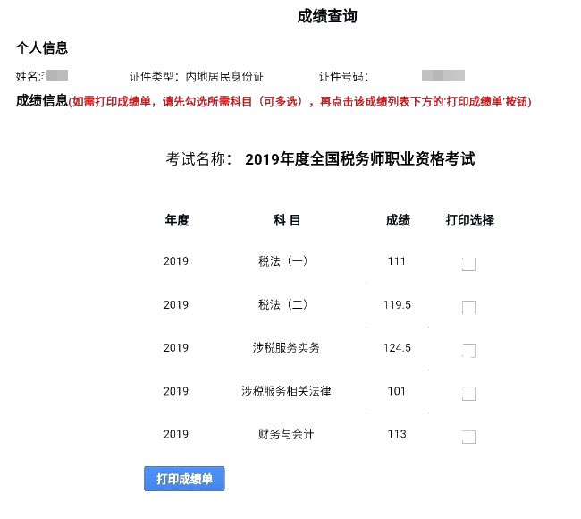 2019稅務(wù)師成績單2