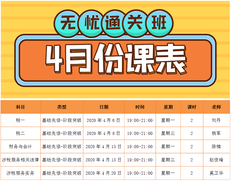 2020稅務(wù)師無(wú)憂(yōu)直達(dá)班4月份課程表