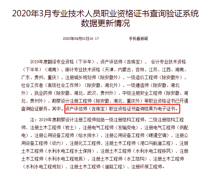 2020年3月專業(yè)技術人員職業(yè)資格證書查詢驗證系統(tǒng)數(shù)據(jù)更新情況