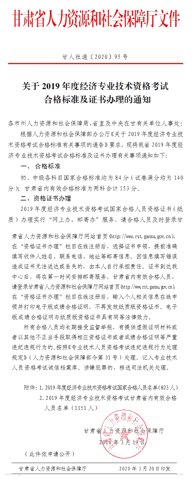 關于甘肅2019年度經(jīng)濟專業(yè)技術資格考試合格標準及證書辦理的通知