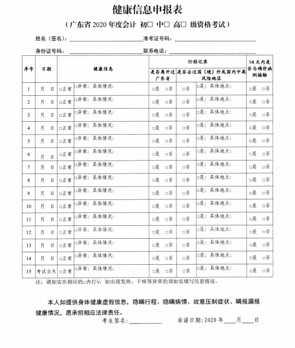 廣東佛山2020年度全國會計專業(yè)技術(shù)資格考試疫情防控告知書