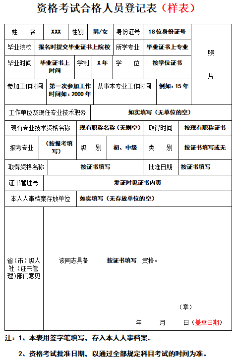 資格考試合格人員登記表填寫說明