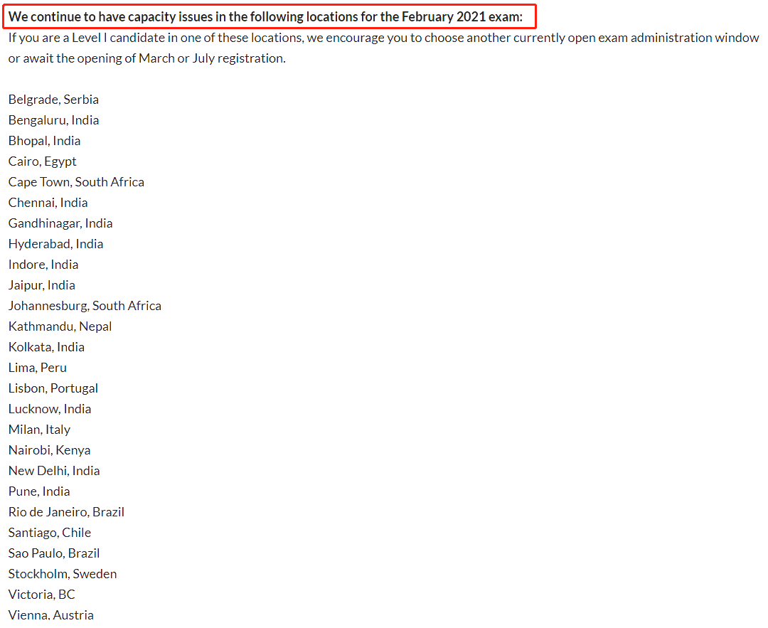 2021年2月CFA考生注意 這些考點(diǎn)已關(guān)閉考場(chǎng)預(yù)約！