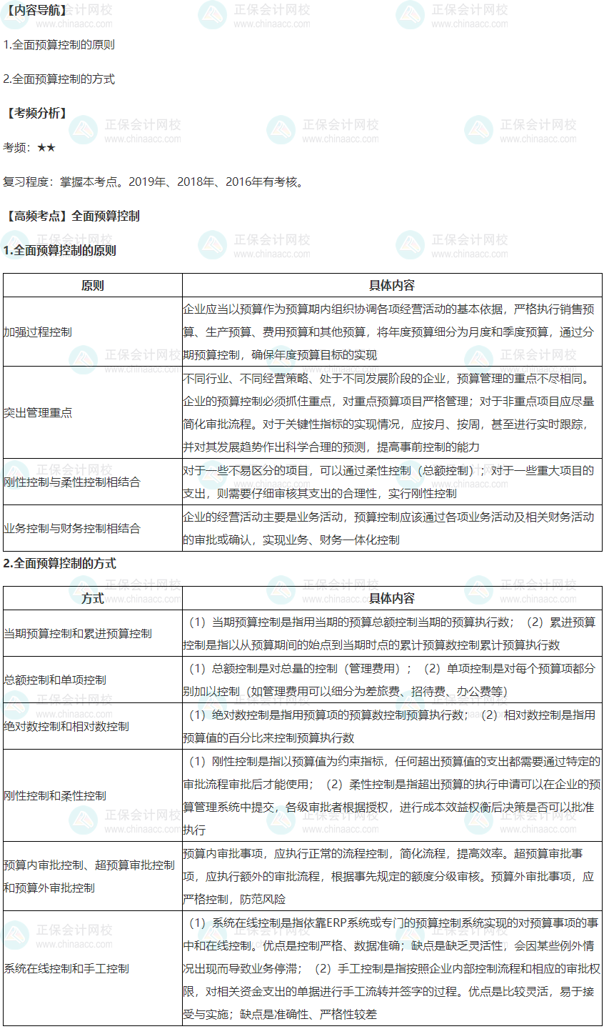 2022年高級會計師考試高頻考點：全面預(yù)算控制