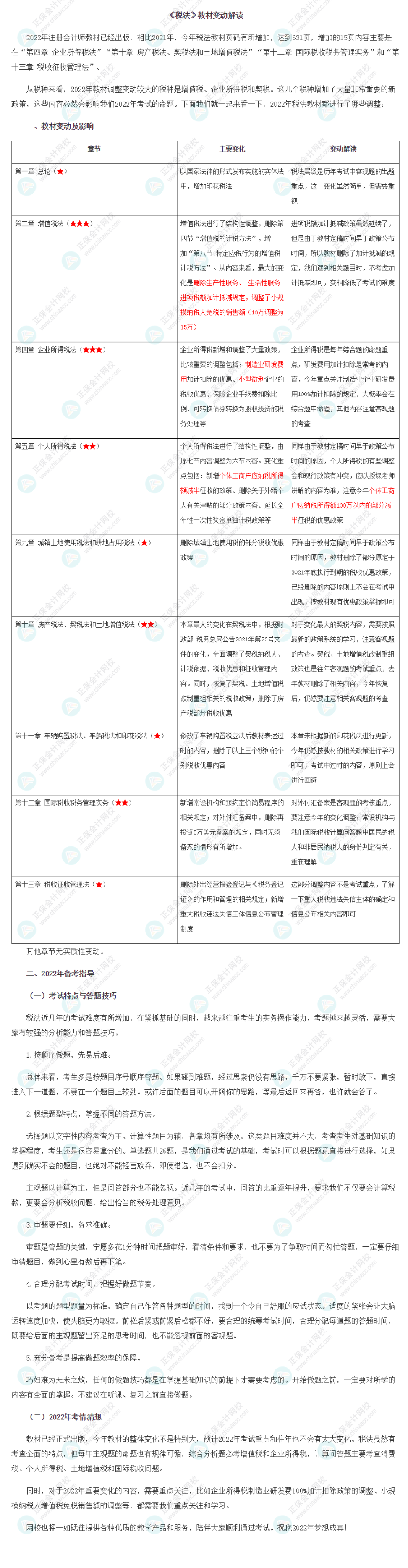 【解讀】2022年注冊會計師《稅法》教材變動解讀>