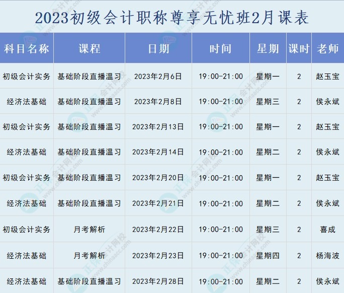 2023年初級會計職稱尊享無憂班直播課表