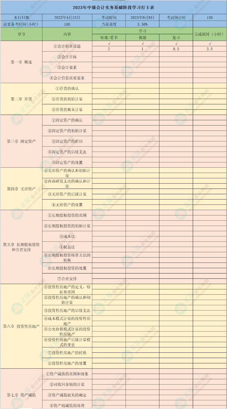 2023年中級(jí)會(huì)計(jì)實(shí)務(wù)26章學(xué)習(xí)打卡表