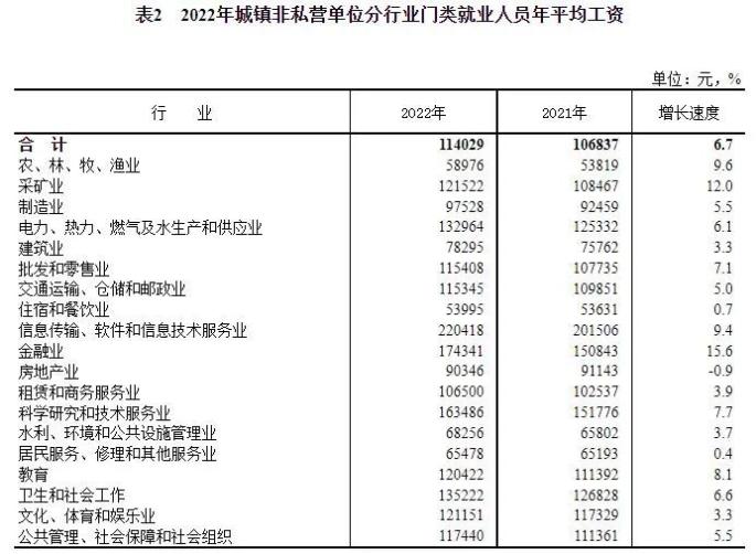 2022年城鎮(zhèn)非私營(yíng)單位分行業(yè)門(mén)類(lèi)就業(yè)人員年平均工資