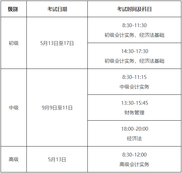 中級會計(jì)職稱考試時間