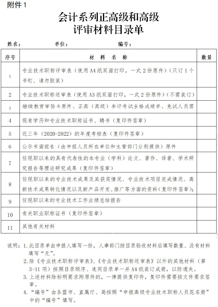 內蒙古2023年高級會計師評審申報材料清單