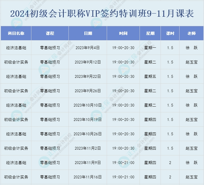 2024初級會計職稱VIP簽約特訓(xùn)班9-11月直播課表