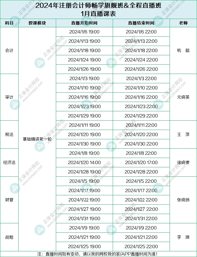 2024注會旗艦班&直播班1月課表-列表版