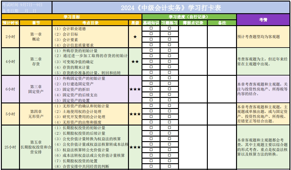 自律必備！2024年中級(jí)會(huì)計(jì)職稱學(xué)習(xí)打卡表 一鍵下載！