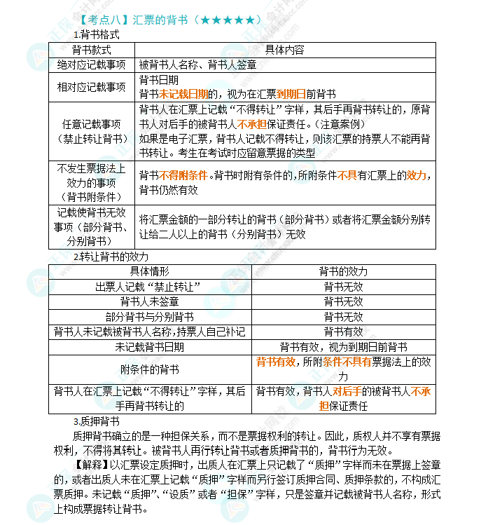 2024年注會《經(jīng)濟(jì)法》第9章高頻考點8：匯票的背書