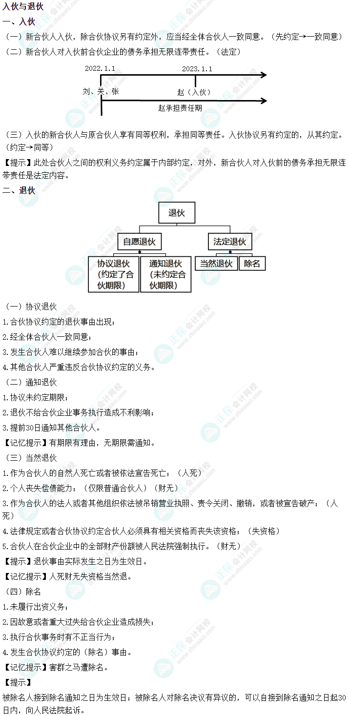 2024中級會(huì)計(jì)《經(jīng)濟(jì)法》必會(huì)考點(diǎn)-入伙與退伙