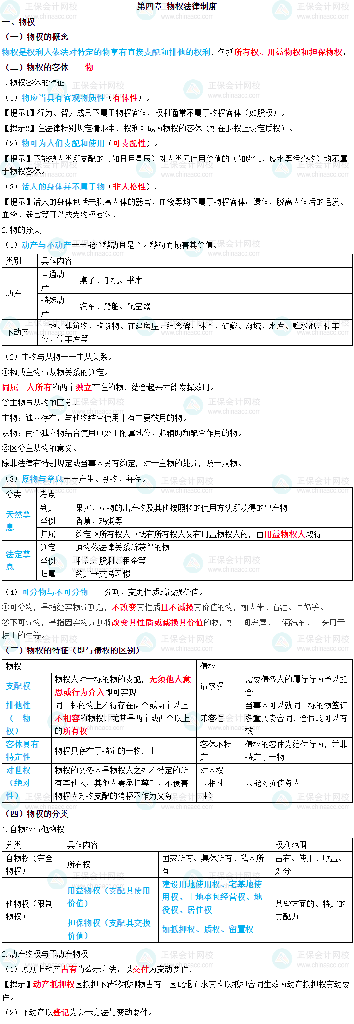 2024年中級會計職稱《經(jīng)濟(jì)法》三色筆記第四章：物權(quán)法律制度