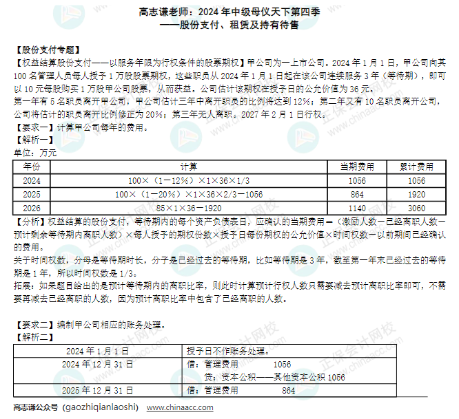 【答案】2024年《中級會計實務(wù)》母儀天下第四季-股份支付、租賃及持有待售