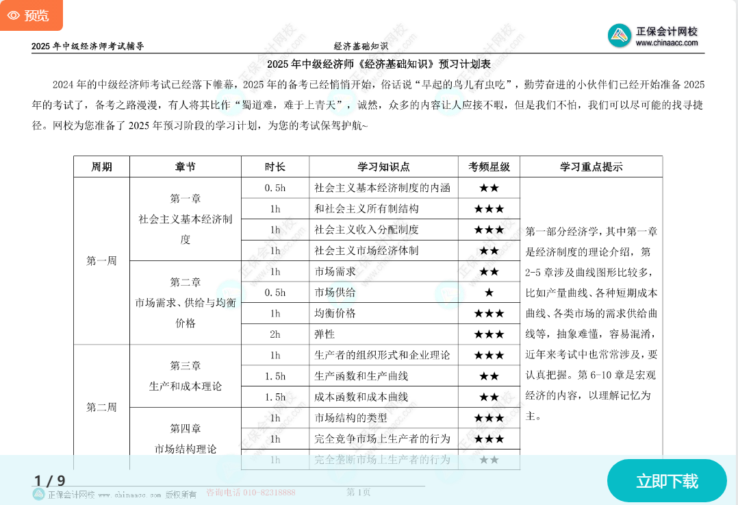 中級經濟師《經濟基礎知識》預習計劃表