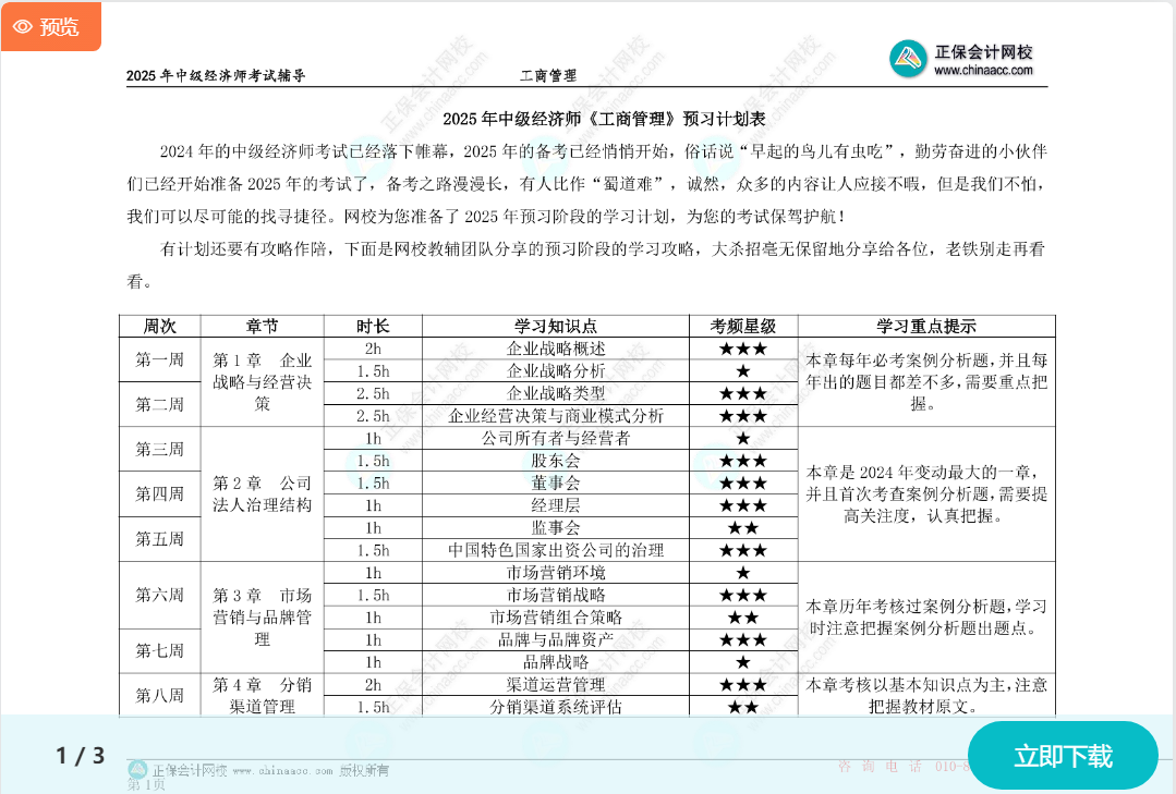 2025中級經(jīng)濟師《工商管理》預(yù)習(xí)計劃表