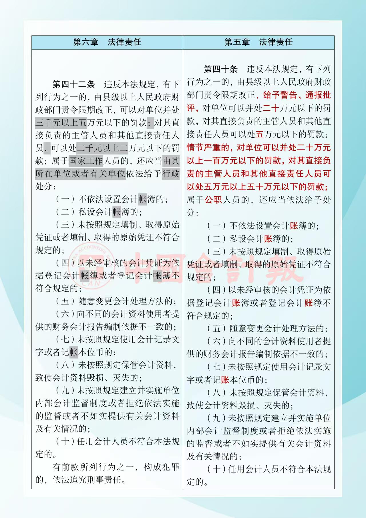 《中華人民共和國會計法》修改前后對照表12